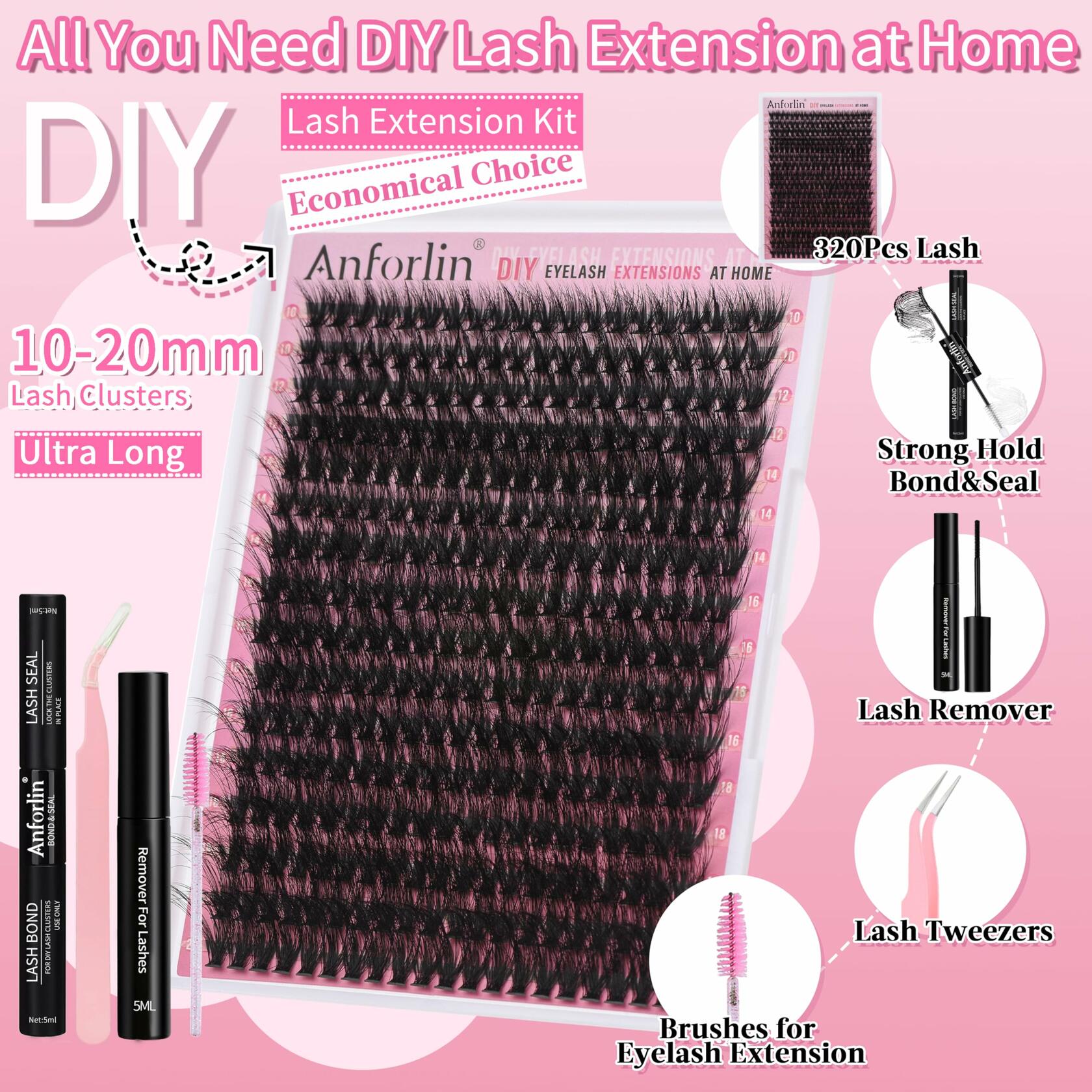 Anforlin Eyelash Extension Kit 280pcs Thick Volume D Curl 14-22mm Black